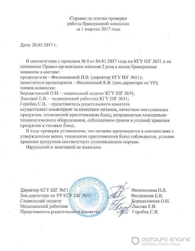 Справка по итогам проверки работы бракеражной комиссии за 1 квартал 2017 года