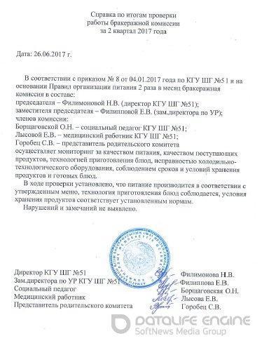 Справка по итогам проверки работы бракеражной комиссии за 2 квартал 2017 года