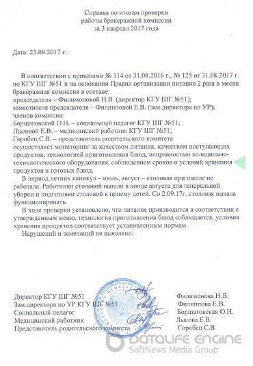 Справка по итогам проверки работы бракеражной комиссии за 3 квартал 2017 года