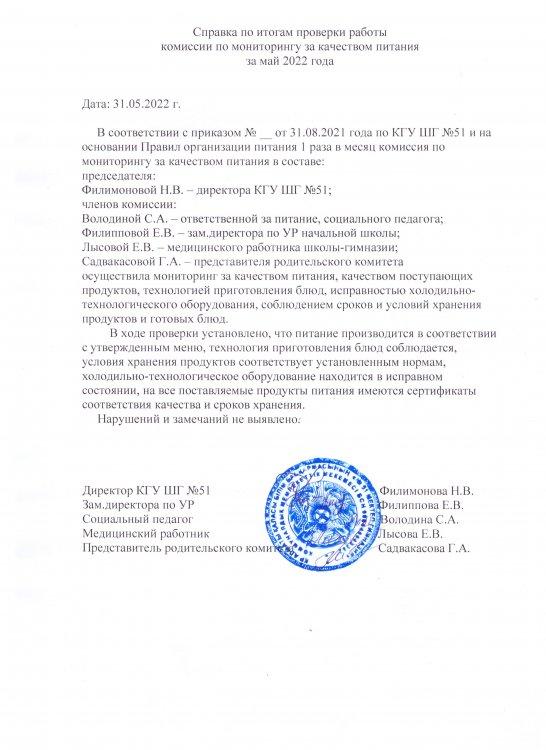 Бракераж комиссиясының 2022 жылғы мамыр айындағы мониторинг актісі   / Акт мониторинга бракеражной комиссии за май 2022 года